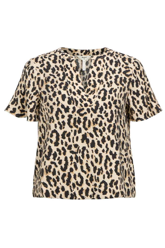 OBJKARINA S/S RE V-NECK TOP NOOS 23045928 SANDSHELL/LEOPARD